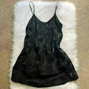 Vintage Jenny Buchanan Intimates Heart Print Satin Black Slip Dress Large